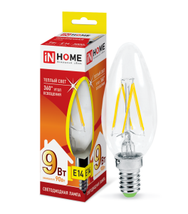 Лампа светодиодная LED-СВЕЧА-deco 9Вт 230В Е14 3000К 810Лм прозрачная IN HOME