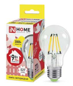 Лампа светодиодная LED-A60-deco 9Вт 230В Е27 3000К 810Лм прозрачная IN HOME