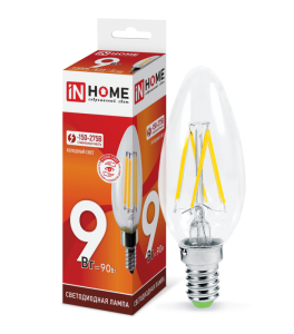Лампа светодиодная LED-СВЕЧА-deco 9Вт 230В Е14 6500К 810Лм прозрачная IN HOME