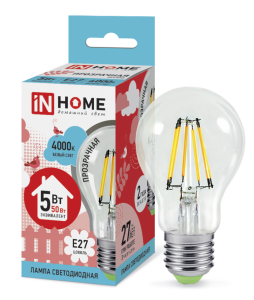Лампа светодиодная LED-A60-deco 5Вт 230В Е27 4000К 450Лм прозрачная IN HOME 