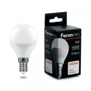 Лампа светодиодная,  (6W) 230V E14 2700K G45, LB-1406 FERON