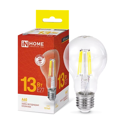 Лампа светодиодная LED-A60-deco 13Вт 230В Е27 3000К ТЕПЛЫЙ 1370Лм прозрачная IN HOME