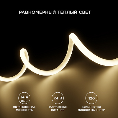 Светодиодная лента для бани и сауны 5м 24В 14,4Вт/м, smd2835, 120д/м 3000К IP68 APEYRON