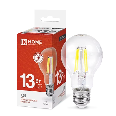 Лампа светодиодная LED-A60-deco 13Вт 230В Е27 4000К БЕЛЫЙ 1370Лм прозрачная IN HOME